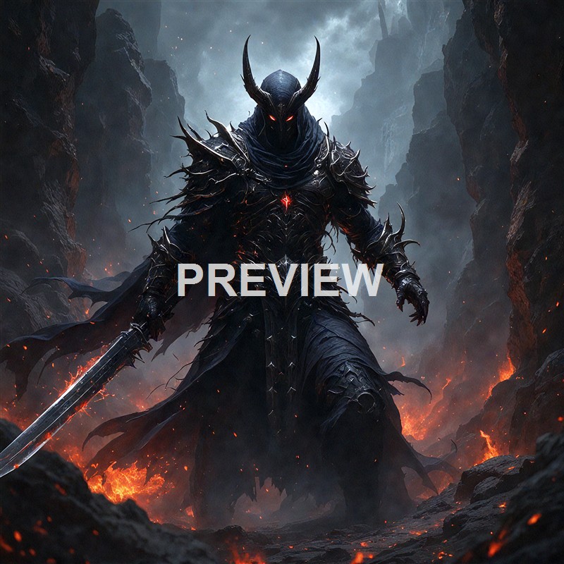 A dark, menacing armored figure with glowing red eyes and horns stands amidst a fiery, volcanic landscape with smoke and sparks in the background.